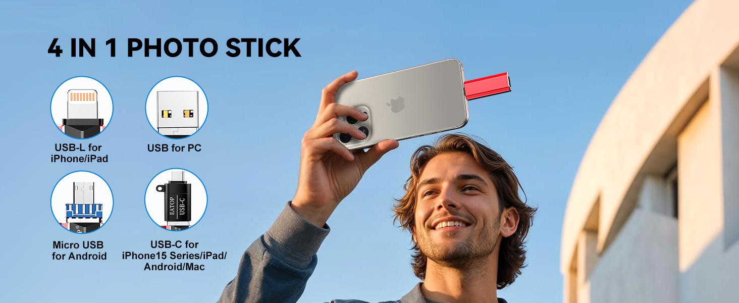 EATOP USB Flash Drive Intended for iPhone iPad, Memory Stick Storage for Photos and Videos Backup, Compatible with iPhone iPad Android PC, Plug and Play, No Application Required