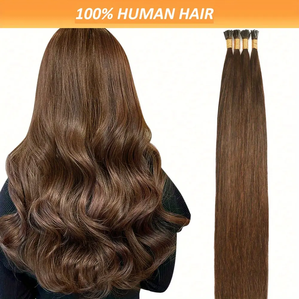 100pcs 100G Real Human Hair I Tip Extensions Pre-Bonded with Cold Fusion Technology - # 4 Color Natural Look for Women, Adds Volume & Length, All Ethnicities