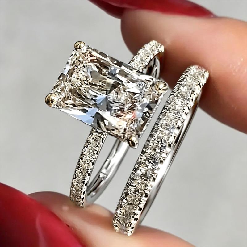 2Pcs Chic Square Cubic Zirconia Rings for Women Non Tarnish Bridal Rings Set | 14K Gold Plated Dainty Rectangle Cut CZ Wedding Bnand Ring Set Stackable Travel Eternity Promise Rings for Her Size 7-12