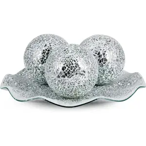 Centerpiece Bowl and Balls Set, Mosaic Tray with 3 count Spheres, 12" Decorative Plate with 4" Mosaic Orbs for  Decor,  ()