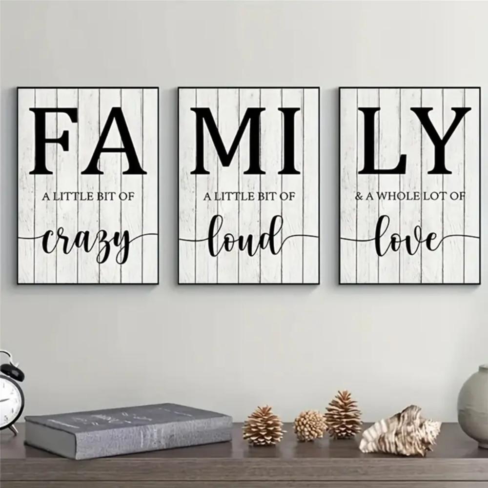 3-Piece Optional Wooden Frame Modern Simple Black White Family English Alphabet Typography Art Canvas Poster High Precision Color Micro-spray Moisture-proof Coating Clear Text No Color Difference Excellent Flatness Living Room Shared Space Decor