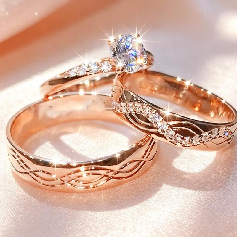 Women's 3PCS Budget-Friendly Minimalist Shiny Rose Gold Stackable Rings Set - Matching Promise Rings, Elegant Fashion Pieces, October Birthstone Everyday Jewelry, Romantic Gift for Her