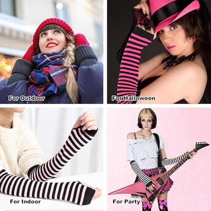 Women's Gothic Punk Striped Half-Finger Gloves, Knit Arm Warmers with Thumb Hole, Elastic Wrist and Arm Warmth, Fashionable Striped Design