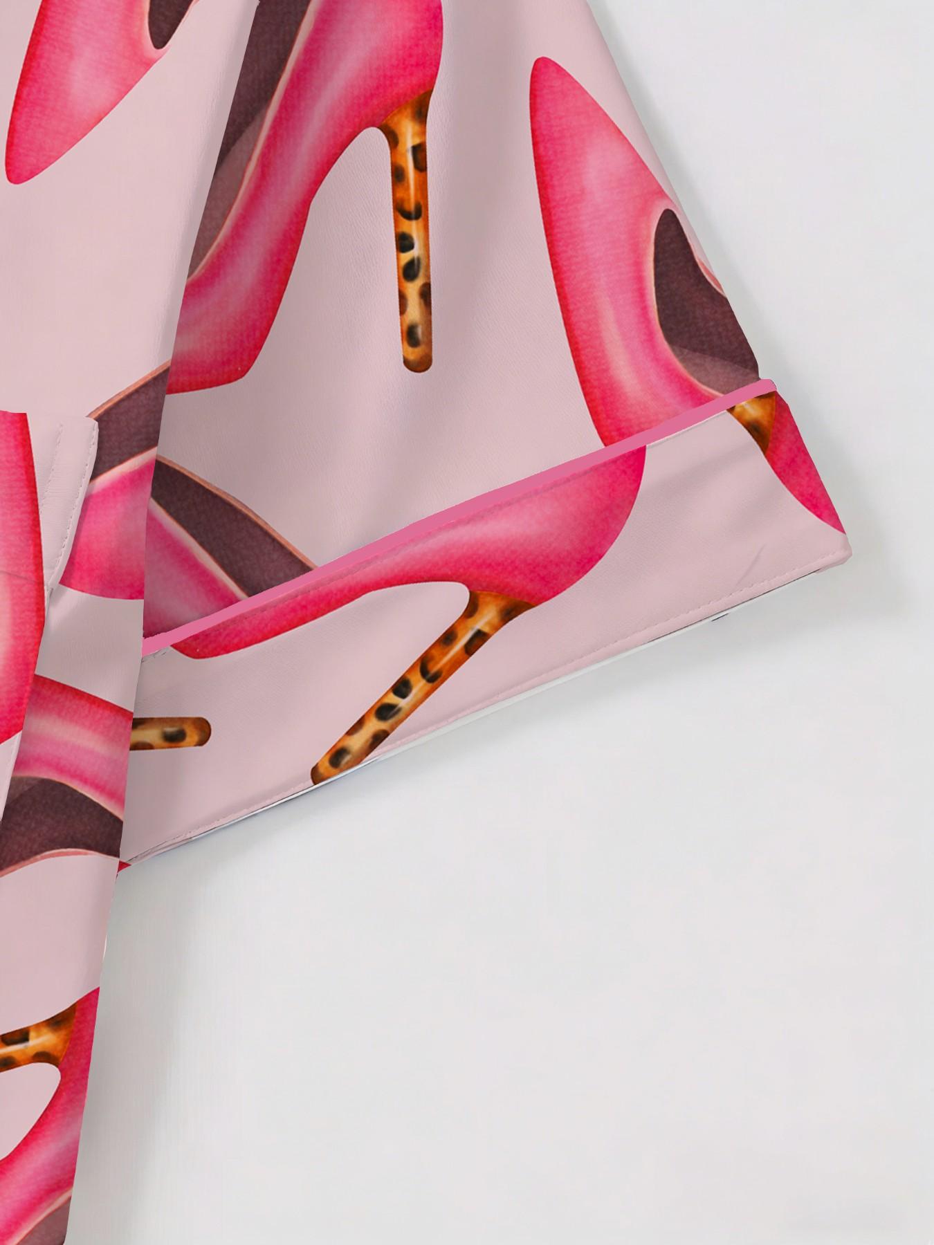 Women's Short Sleeve Button Down Top and Shorts Pajama Set, Spring Summer Wear, For Elegant Mature Ladies, Pink Muted High Heel Print, Classic Lapel Collar, Loose Draping Fit, Comfortable For Home & Office