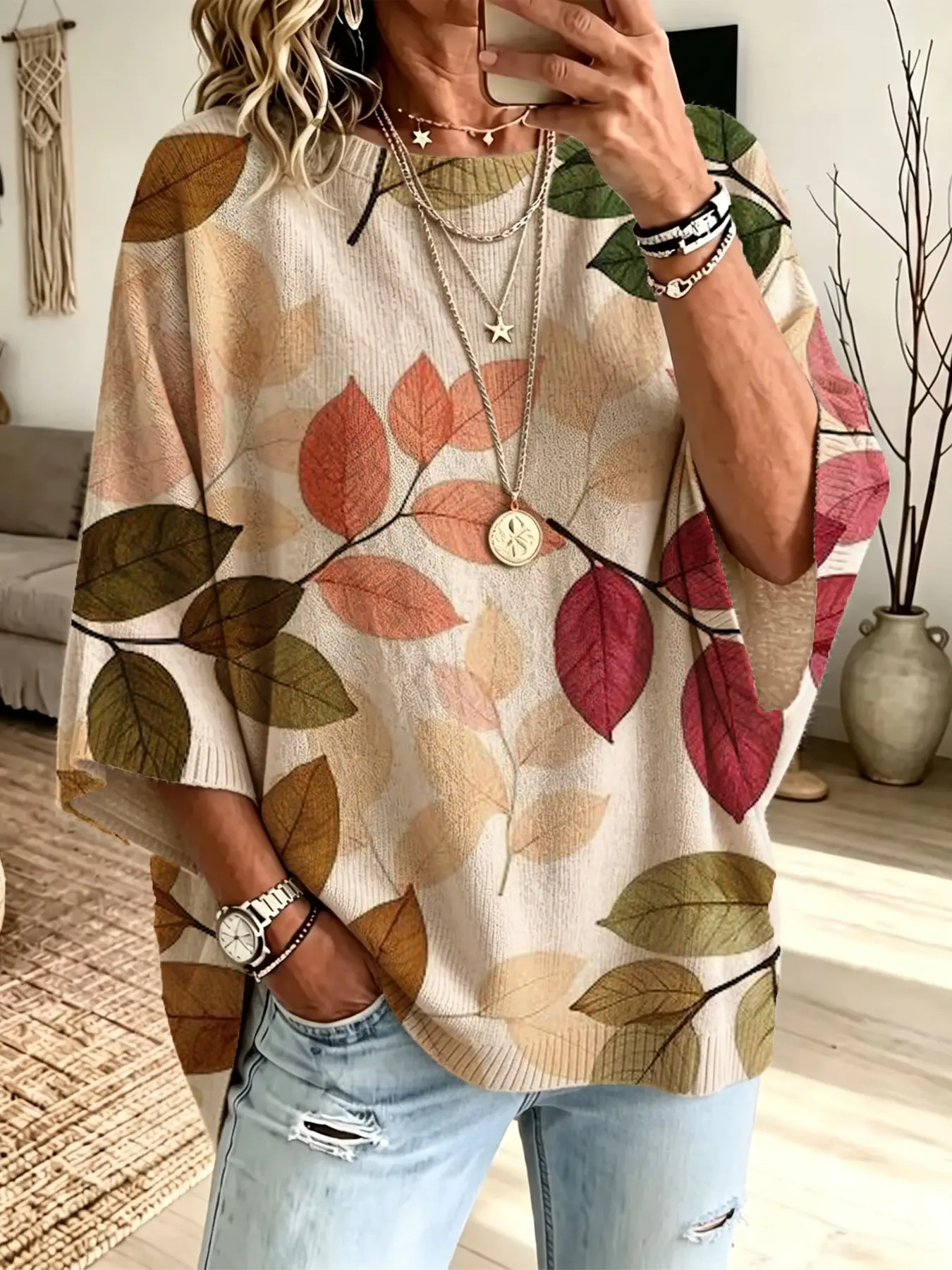 Women's Loose-Fit Batwing Sleeve Knitted Top, Casual Geometric Print Pullover, Lightweight Hooded Sweater, Comfortable and Versatile