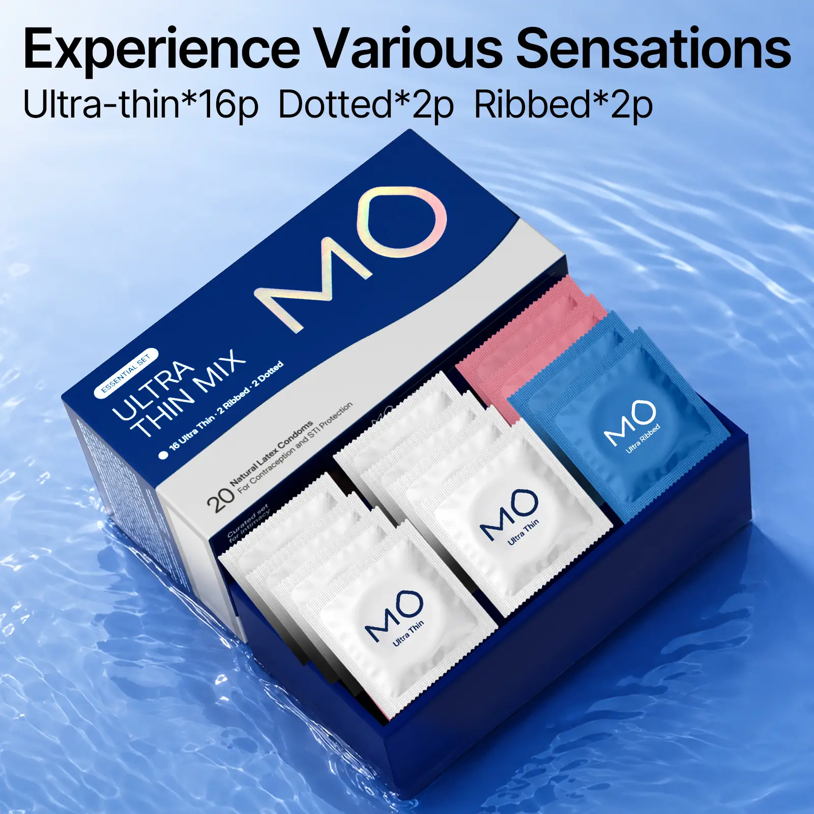 MO Trio Bundle Variety Pack Condoms for Men - Universal Regular Fit, 20 Pcs Natural Latex Condoms with 3 Triple Sensations Textured Mix (Ultra Thin, Ribbed Dot), pH Balanced, Everyday Use