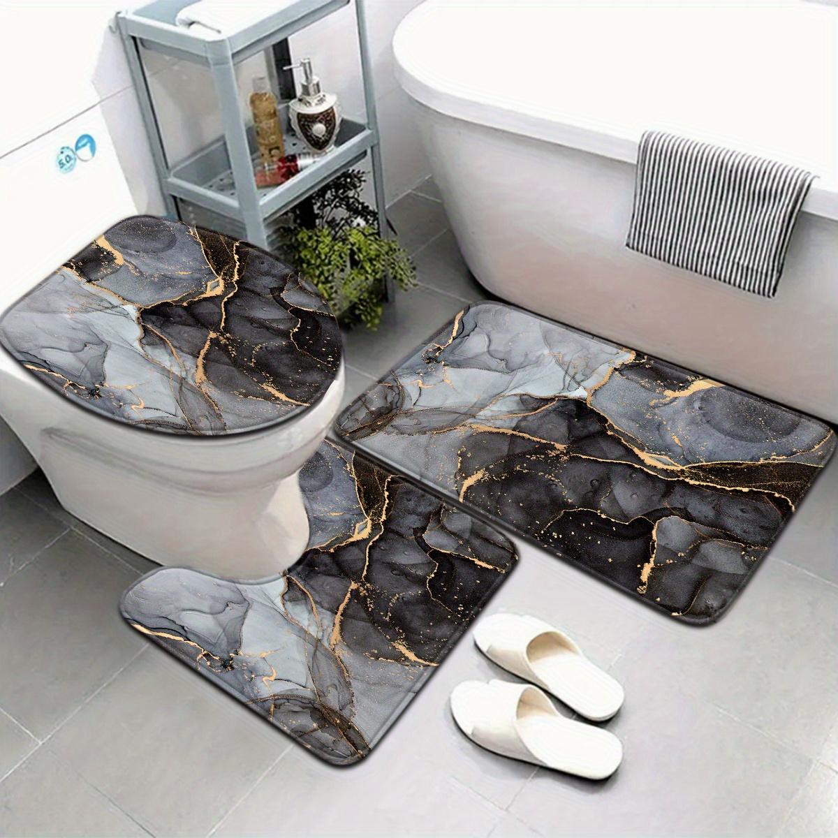 3-Piece Modern Art Black Gray Gold Marble Bath Mat Set, Flannel Non-Slip Absorbent Rug, Toilet Lid Cover & U-Shape Pad