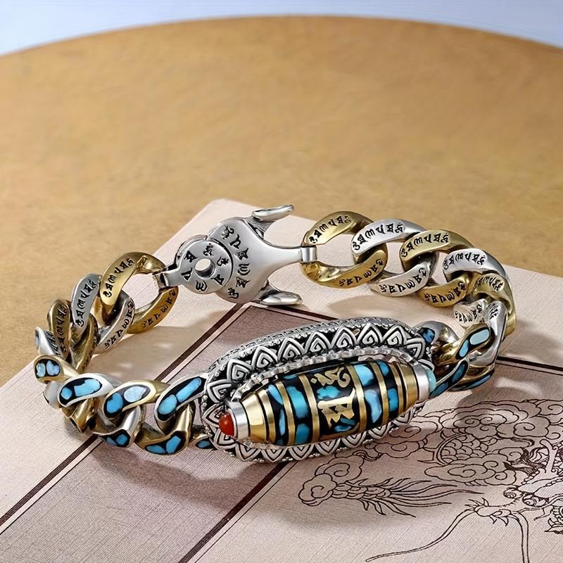 Tibetan-Style 6-Syllable Mantra 9-Eyed Dzi Bead Bracelet, Turquoise Stones, Spiritual Significance DIY Bag Accessory for Good Luck Meditation Daily Wear