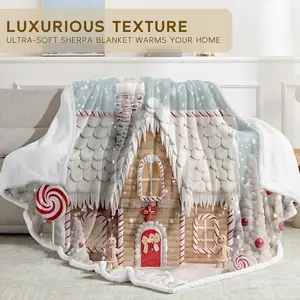 A Multi-Purpose Luxurious Sherpa-Lined Christmas Gingerbread House Blanket – Ultra-soft for home, camping, office. Perfect for those who love festive, whimsical holiday designs and luxury comfort, ideal for adding a warm, magical Christmas vibe.