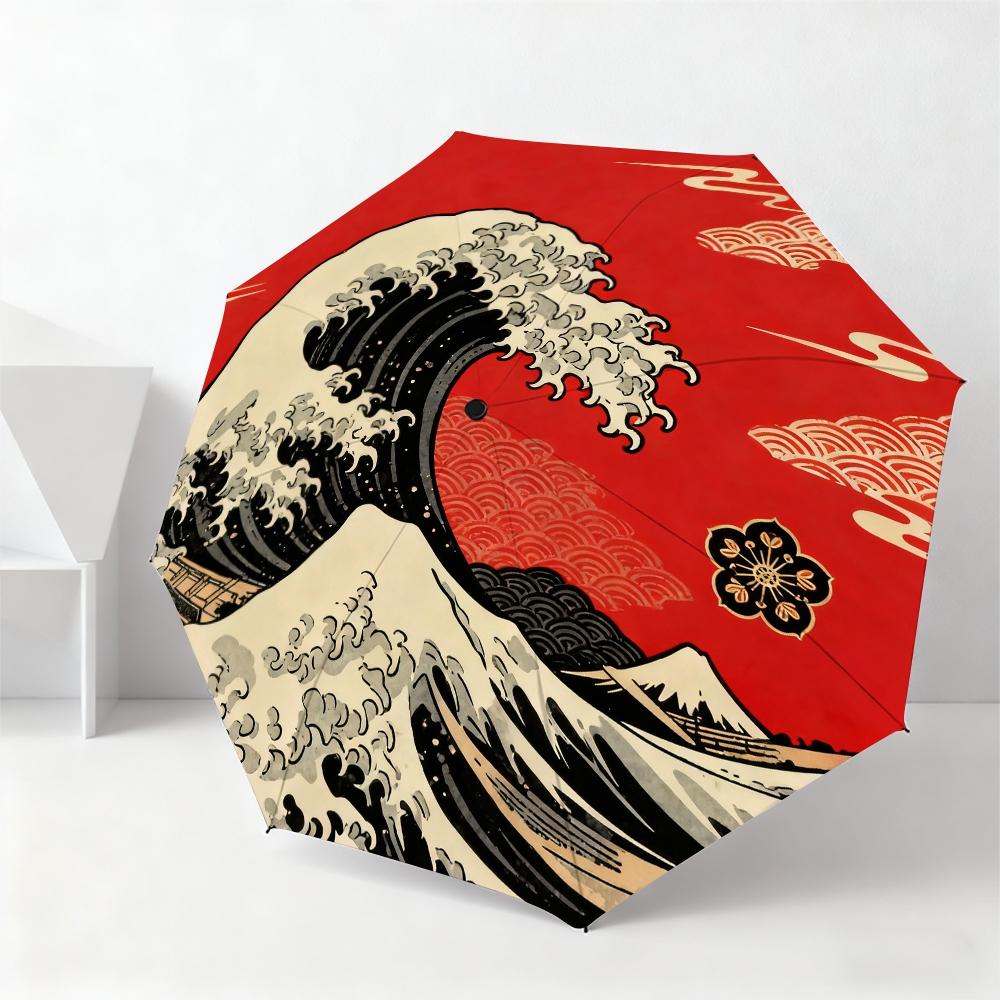 Floating World Wave Automatic Umbrella, Lightweight Retractable Travel Umbrella, Japanese Inspired Design, Windproof 8 Ribs, Unisex