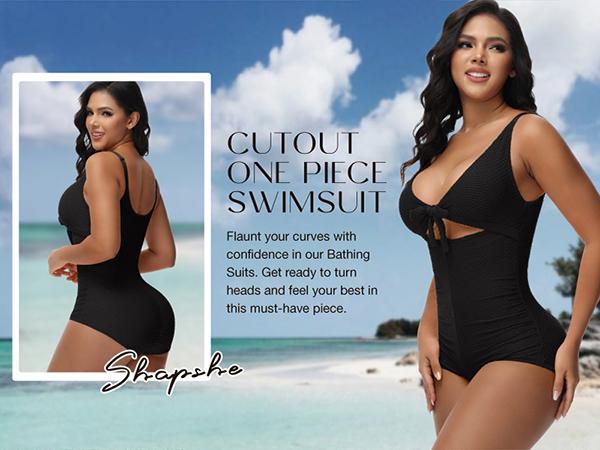 SHAPSHE Women's Tummy Control Swimsuit One Piece Slimming Bathing Suit Cutout Tie Knot Front Push Up Swimwear