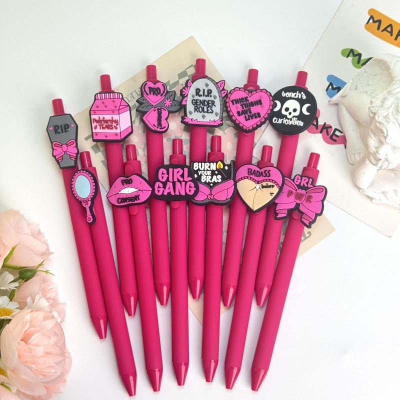 30/50Pcs black and pink contrasting color theme press-action gender-neutral pen, personalized silicone patch design, female power office writing signature ballpoint pen (15/25 pen + 15/25 refill)