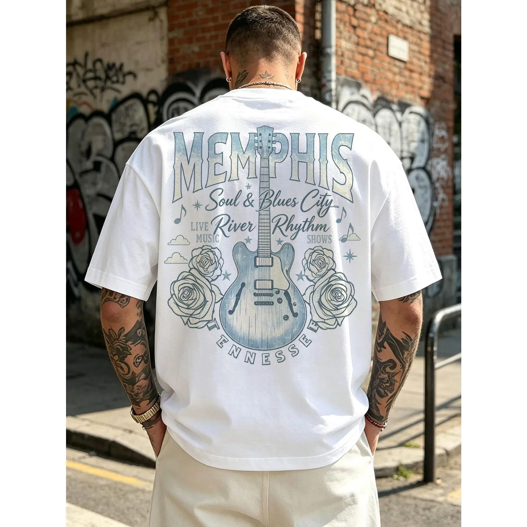 Unisex Vintage Guitar Rose Graphic Cotton Round Neck Short Sleeve Sports Top - Retro Streetwear Casual Music Lover Tops for Sports & Outdoor Activities, Shortsleeve, Tshirt