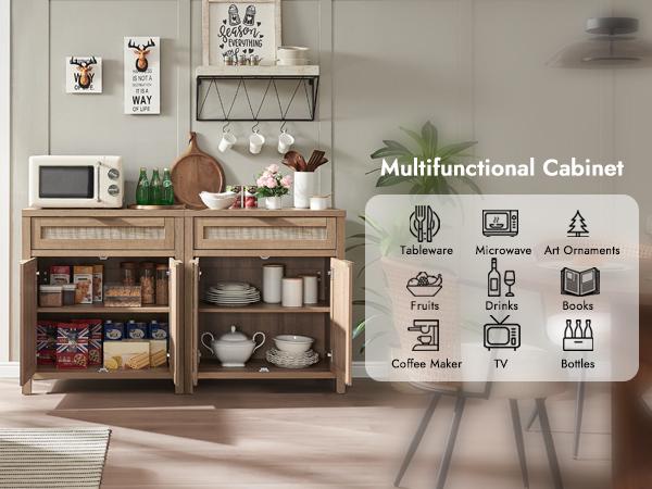 PieDle Furniture Rattan Crafted Storage Cabinet with Adjustable Dividers, Bohemian Style Buffet for Multiple House Areas like Kitchen, Hallway & Living Room