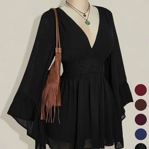 Women's Casual Cute Chic Long Sleeve Waist-Cinched V-Neck Short Dress, Daily Casual Dress, Stylish Fashion Feminine Dress, Elegant Summer Clothes, Perfect for Everyday Wear