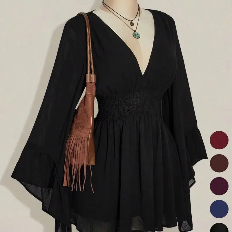 Women's Casual Cute Chic Long Sleeve Waist-Cinched V-Neck Short Dress, Daily Casual Dress, Stylish Fashion Feminine Dress, Elegant Summer Clothes, Perfect for Everyday Wear