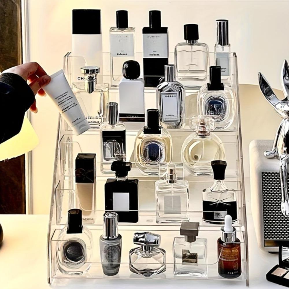 Transparent multi-layer perfume storage box, transparent layered storage rack for cosmetics and skin care products, compact countertop display rack, suitable for use on dressing tables, perfume storage rack, fashionable design, durable structure