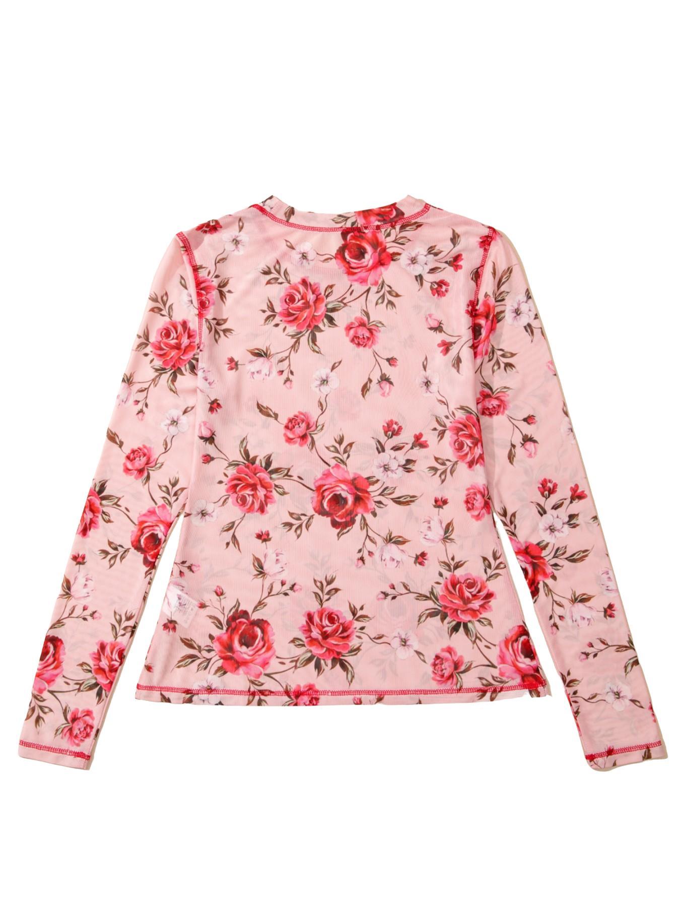 Elegant Floral Print Mesh Round Neck Slim Fit Long Sleeve Top, Hotapei Women's Fashion Blouse Shirts, Casual Wear for Spring and Fall