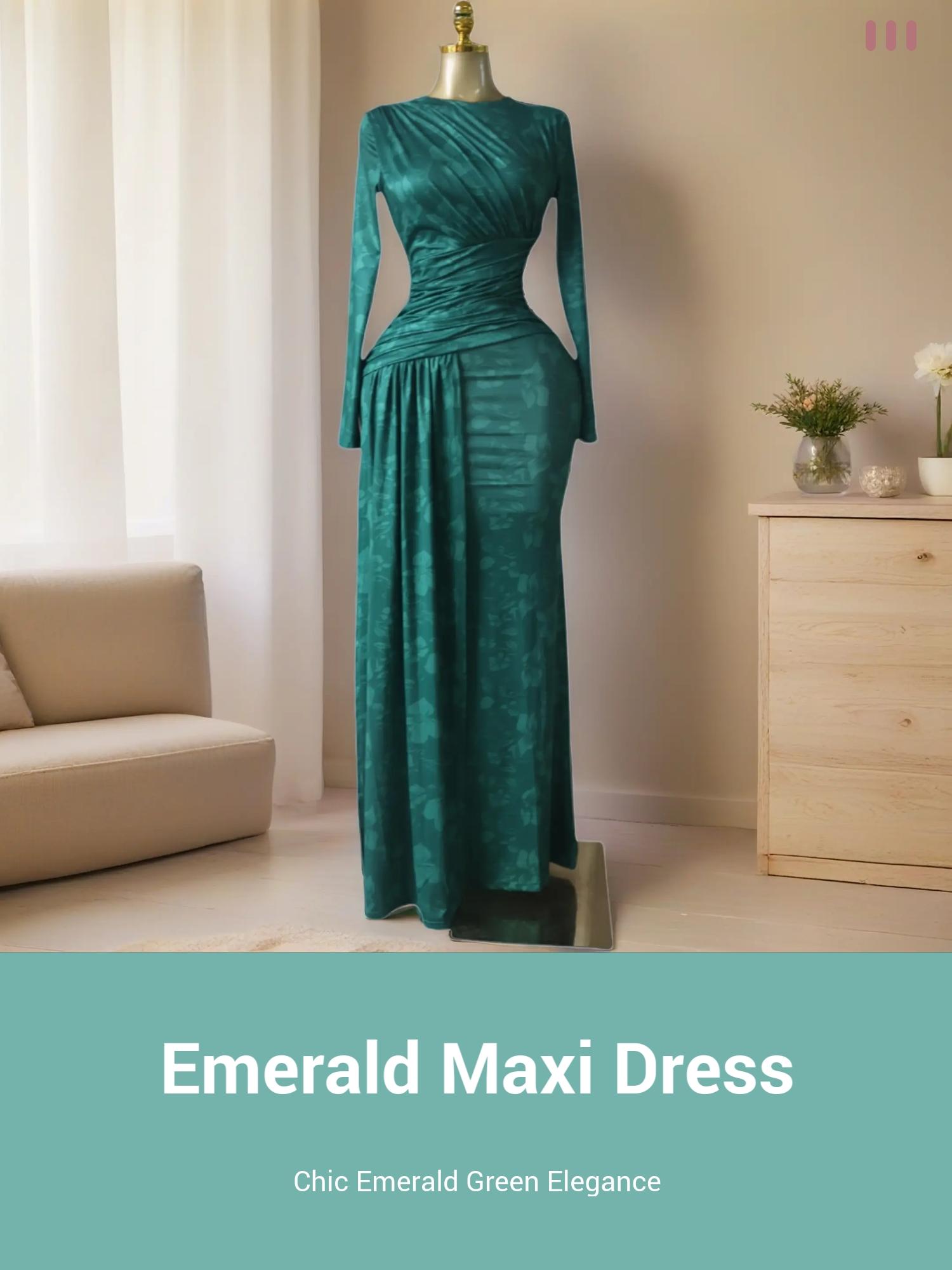 QFAF Emerald Green Bodycon Maxi Dress Women 2026 Elegant Long Sleeve Ruched Slim Fit Draped Waist Party Dress Formal Wear Chic Evening Gown High Waist Stretch Fashion Outfit Wedding Guest Birthday Dinner Date Night Vacation Holiday Clubwear Trendy Style