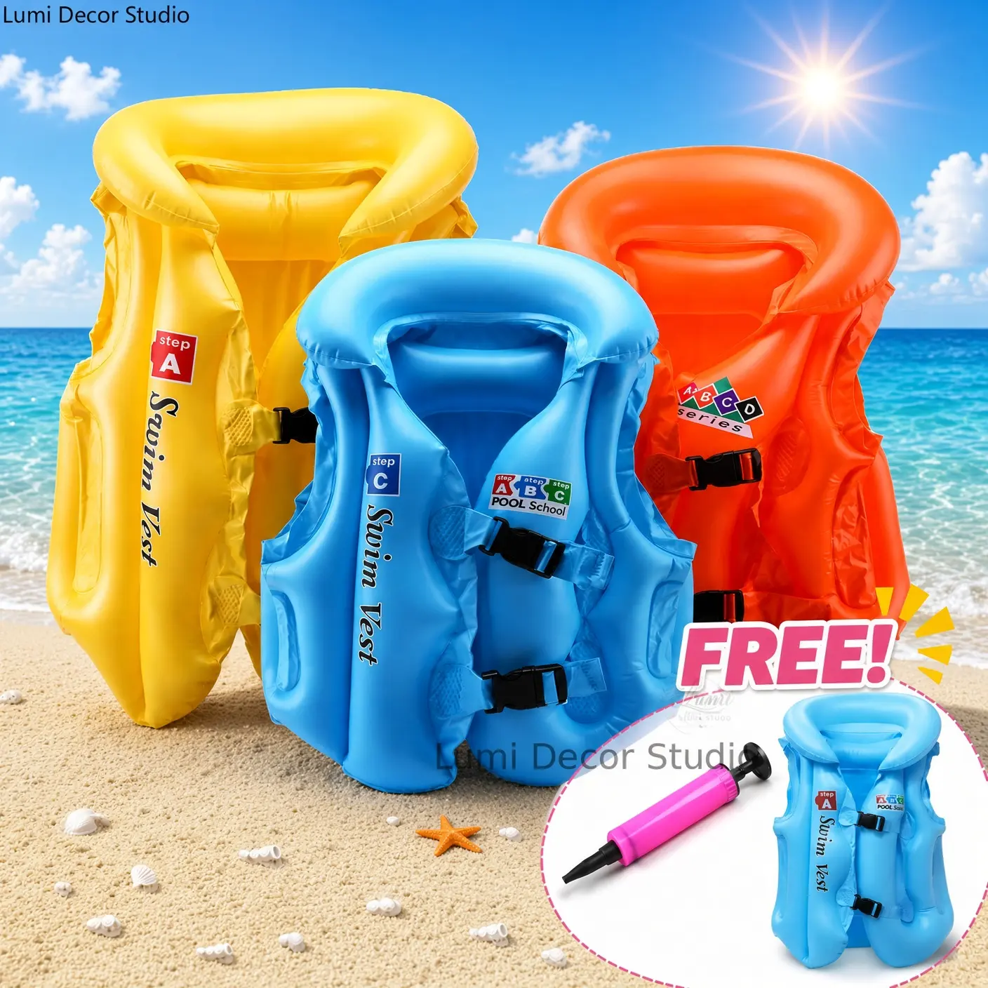 Children Inflatable Swimming Vest For Kids Baby Learning To Swim Buoyancy Life Jacket With Three Air Chambers Dual Adjustment Buckles Thickened Safety Support Water Training Float Vest With Air Pump Included Free Air Pump Lightweight Comfortable Fit Pool,