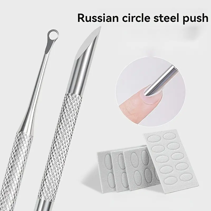 6-Piece Russian Dual-Head Dead Skin Remover Kit, Stainless Steel Pusher + 50 Sanding Discs, Nail Care Tool for Manicure Salons