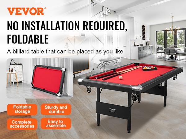 VEVOR Billiards Table, 6.3 ft Pool Table, Portable Foldable Space-Saving Table, Billiard Table Set Includes Balls, Cues, Chalks and Brush, Black with Red Cloth, Perfect for Family Game Room Kid Adult