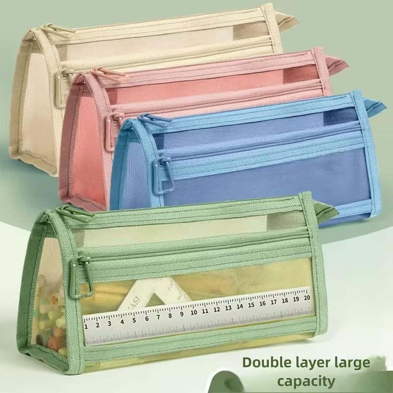 Transparent Mesh Dual-Layer Pencil Case, Kids' Unisex New Design, Large Capacity, High Aesthetic, Simple Subject Stationery Bag, Desk Supplies