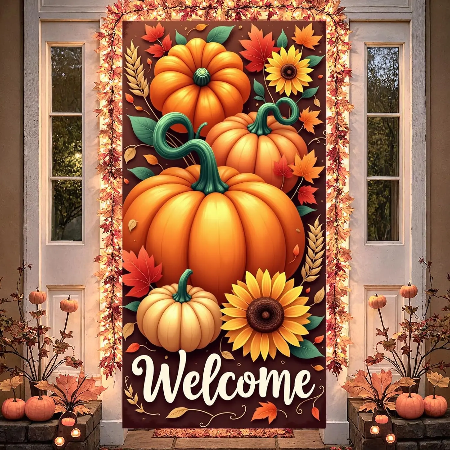 Fall Door Cover, Welcome Autumn Photo Backdrop Happy Fall Door Banner Maple Leaves and Pumpkin for  Autumn Thanksgiving Harvest Festival Decorations and Supplies