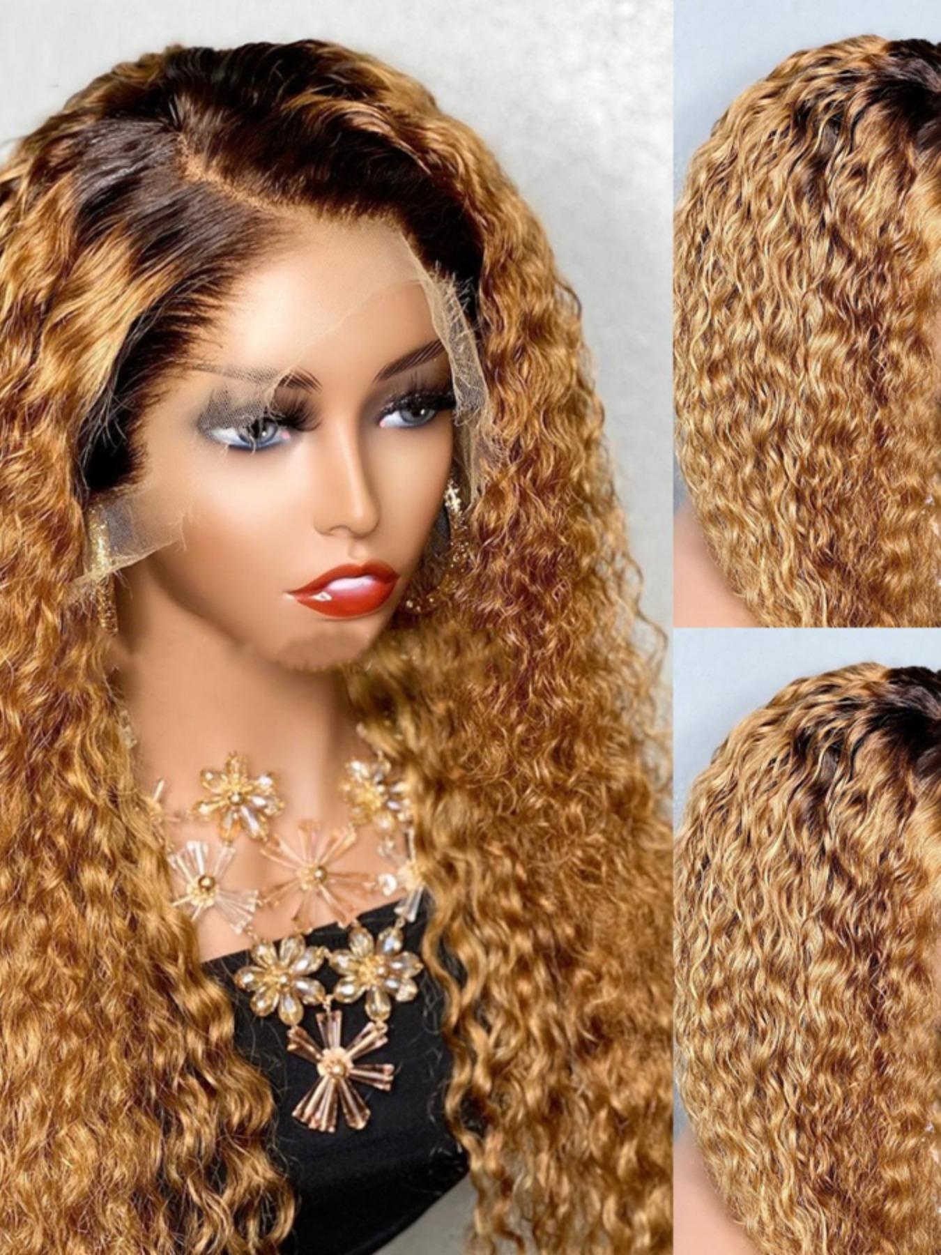 Ombre Honey Blonde Soft Long 26 Inch 180 Density Natural Kinky Curly Front Lace Wig, Glueless Heat Resistant Synthetic Hair, Daily Wear Pre-plucked