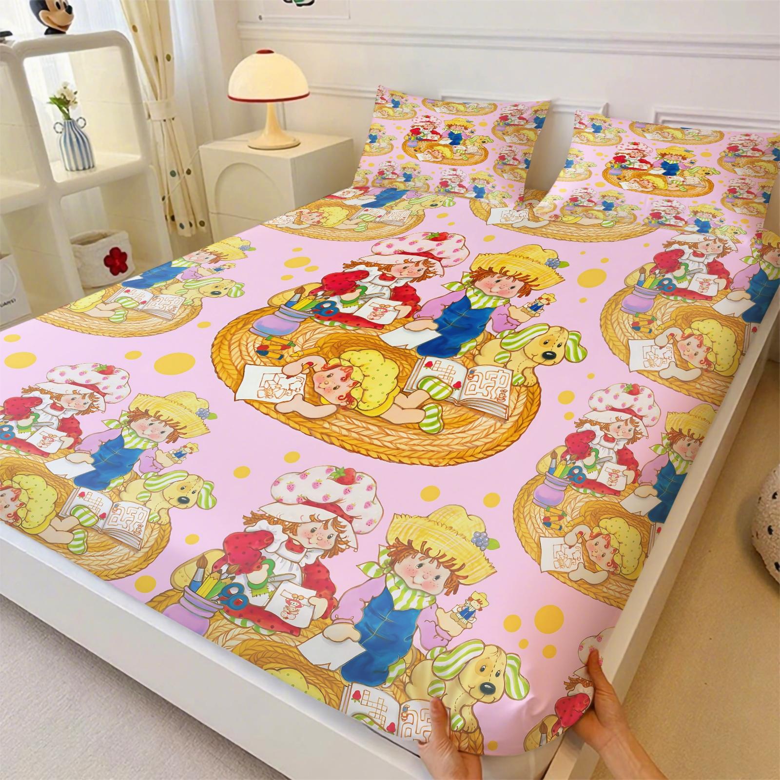 Q Version Strawberry Sweetheart Cartoon Fitted Sheet Set & 2 Pillowcases No Core, Wavy Stripe Design Paired with Cute Cartoon Characters, Soft Anti-Slip Wrinkle-Resistant, Girls' Bedroom Decor, Gift Choice