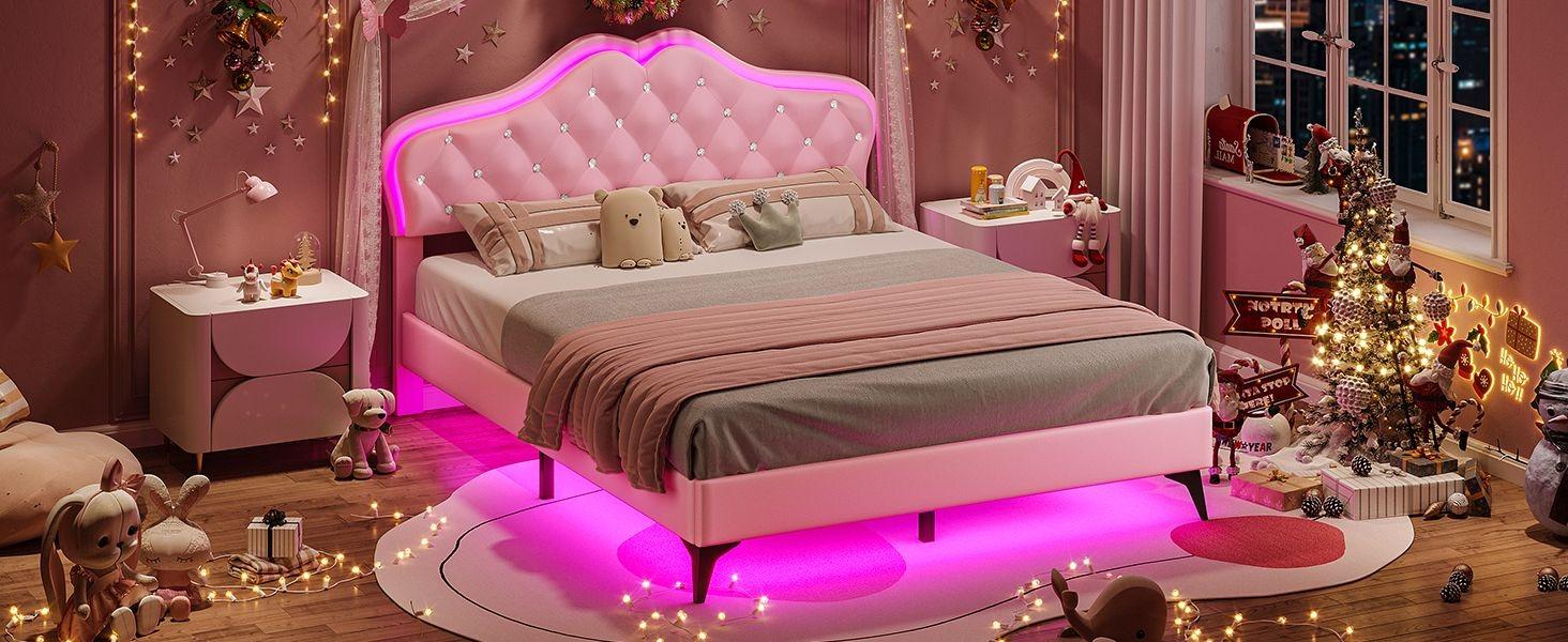 Sikaic Velvet Princess Platform RGB LED Bed Frame with Storage Drawers and Adjustable Crystal Button Headboard Creamy Pink Furniture Nursery Design Cute Interior Bedroom Set Upholstered Modern Cama Sikaic Velvet Princess Platform RGB LED Bed Frame with Storage Drawers and Adjustable Crystal Button Headboard Creamy Pink Furniture Nursery Design Cute Interior Bedroom Set Upholstered Modern Cama