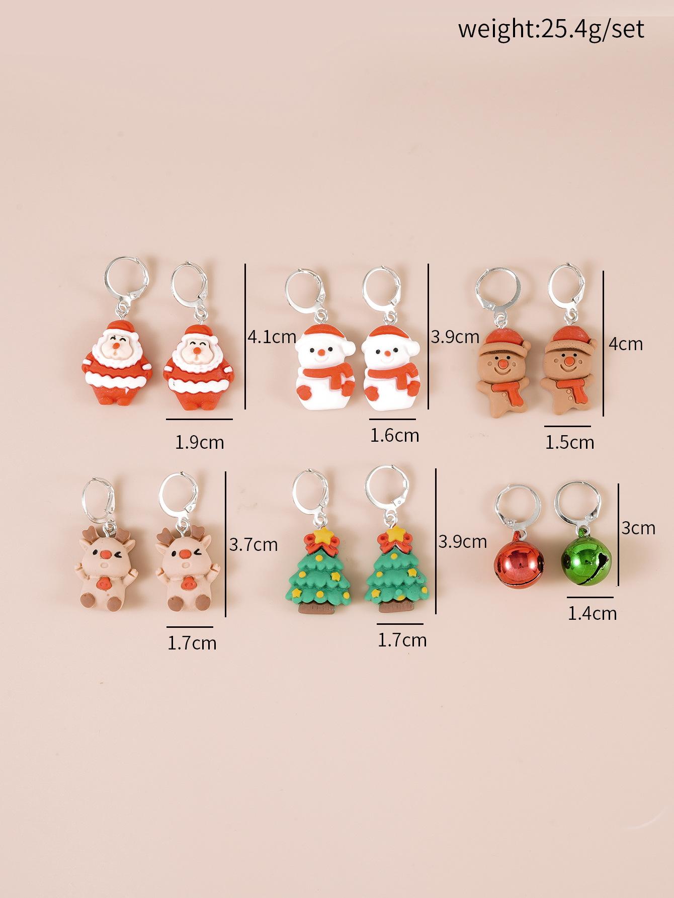 6 Sets of Fashionable Santa Reindeer Resin Tree Bell Earring Ear Hooks Gift