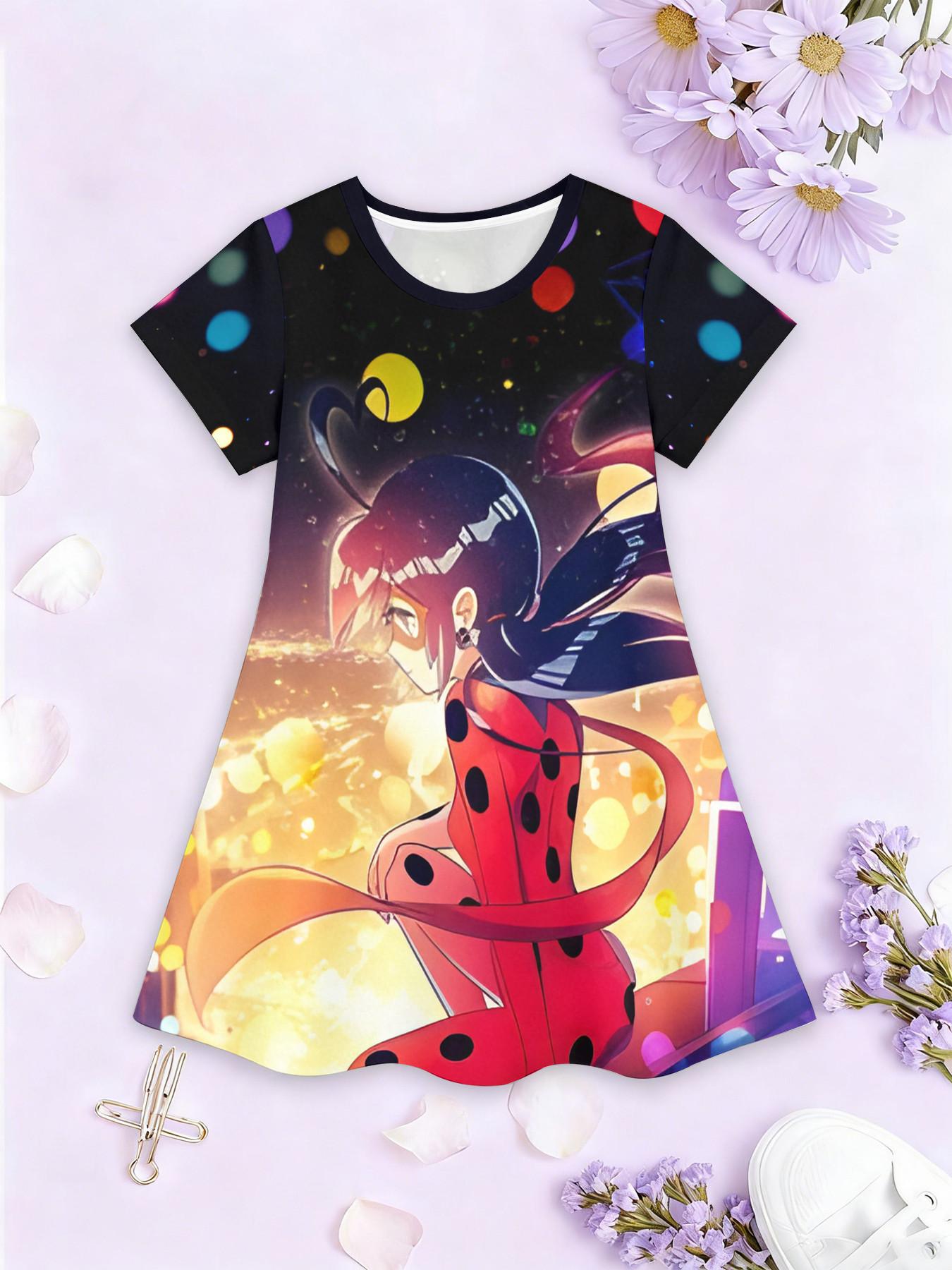 Girls' 3D Short Sleeve Dress, Miraculous Girl Ladybug Full Print, Perfect for Parties, Festive Gifts, Birthday Presents