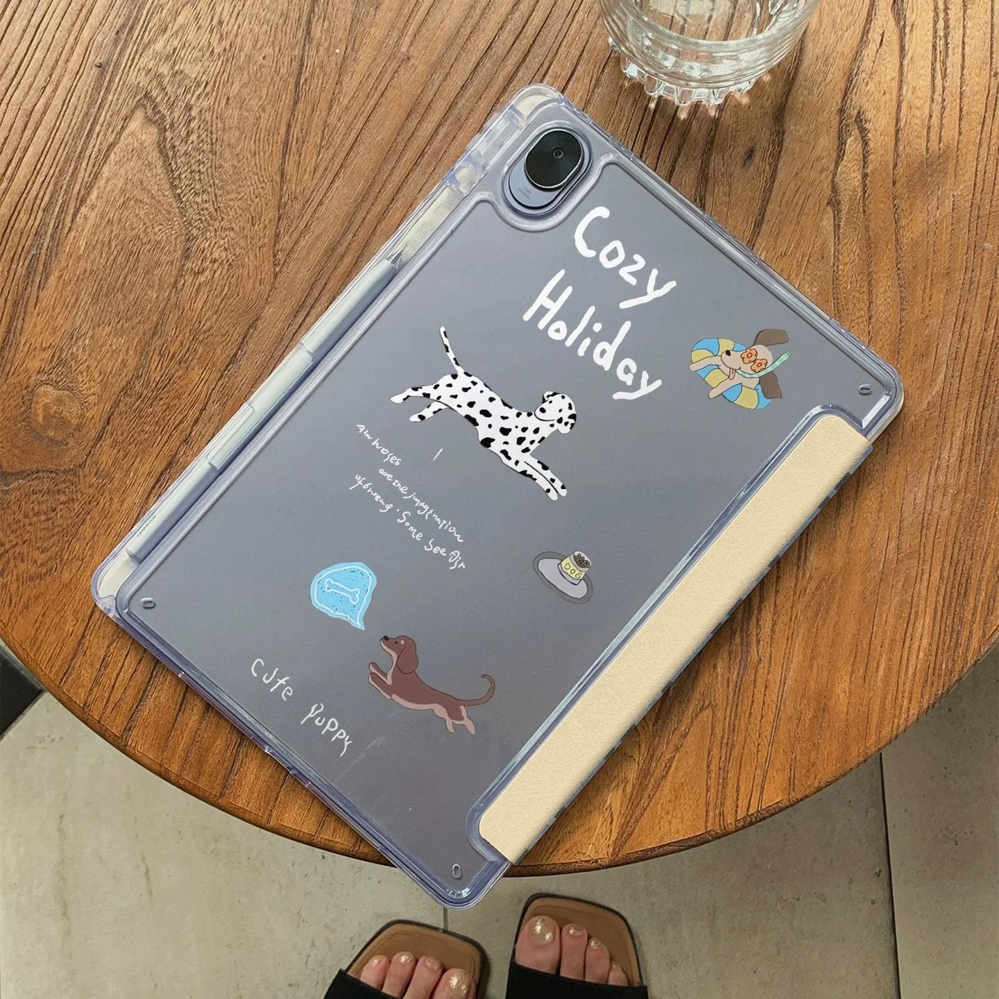 Blue Plaid Spot Dog Y-Type Foldable Stand iPad Case, Transparent Anti-Drop Back Cover with Pen Slot, Fits iPad 10/9/8/pro 11/air 3-5