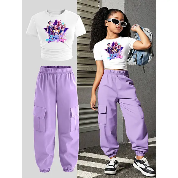 ChillGRL 2pcs/Set KPOP Graphic Print Top & Straight Leg Cargo Pants Set, Streetwear Style, Suitable For Autumn/Winter, Long Sleeve Top