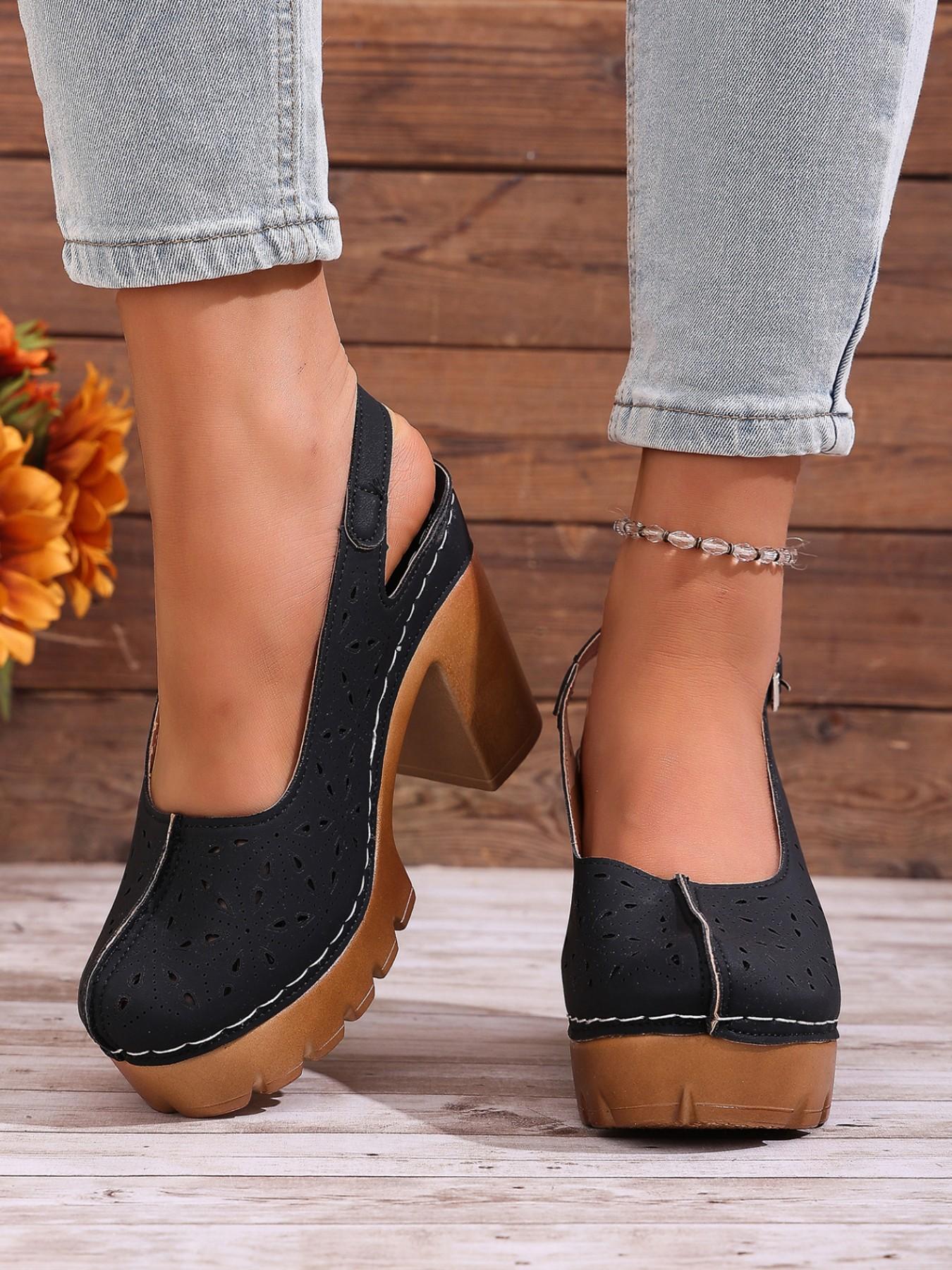 2026 Summer New Retro Thick Heel Sandals for Women, Hollow Out Floral Design, Waterproof Platform High Heels, Versatile Outdoor Wear