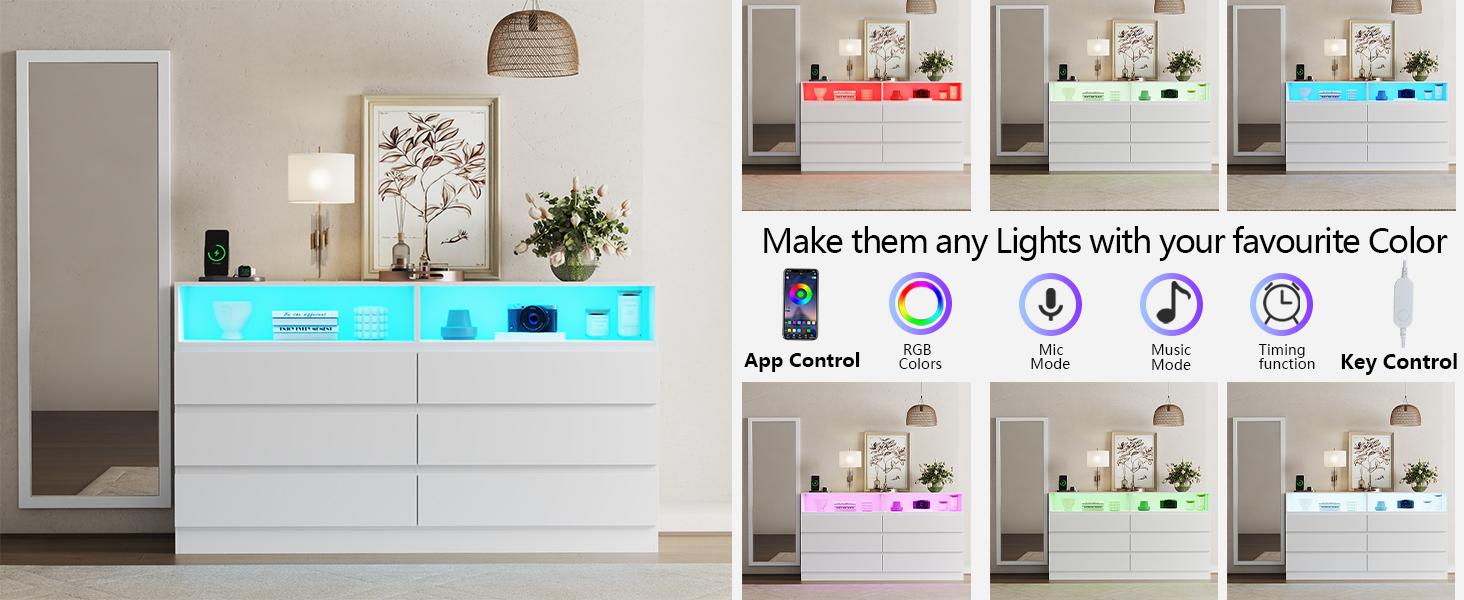 Modren Drawer Dresser with Full Length Mirror 48"x16" ,6 Drawer Dresser with LED Light, Wide Chests of Drawers with Power Outlet,White Storage Dressers for Bedroom, Living Room, Hallway(White) bedroom dresser