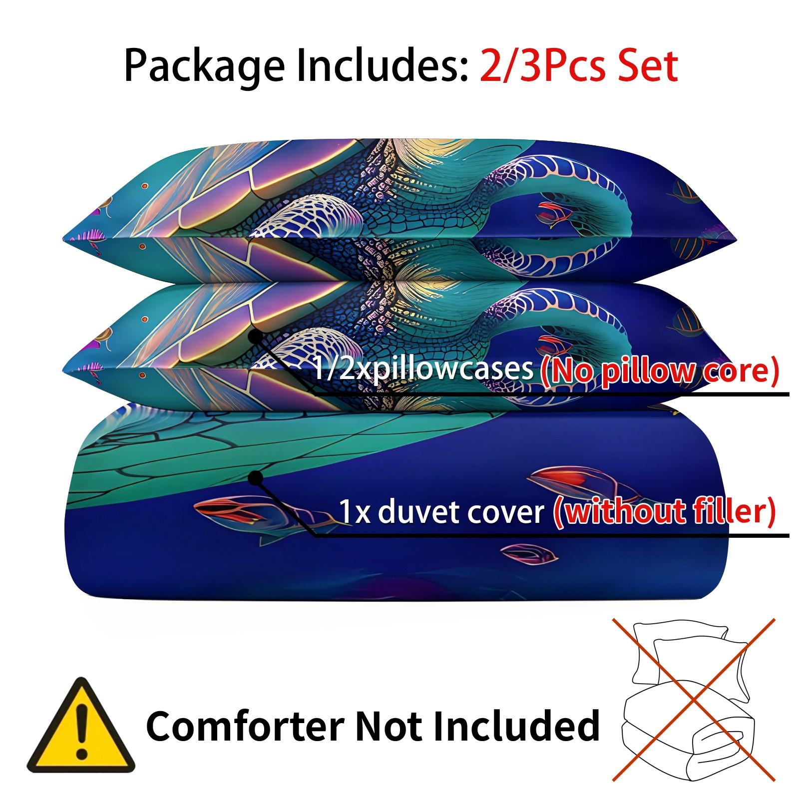 Neon Rainbow Sea Turtle Coral Underwater Ocean Duvet Cover Set, 1 Duvet Cover + 1/2 Pillowcases, Soft Skin-Friendly All Season Bedding, Perfect Sentimental Gift For Sea Turtle Lovers, Kids & Colorful Aquatic Bedroom Decor, Soft Bedding Sets