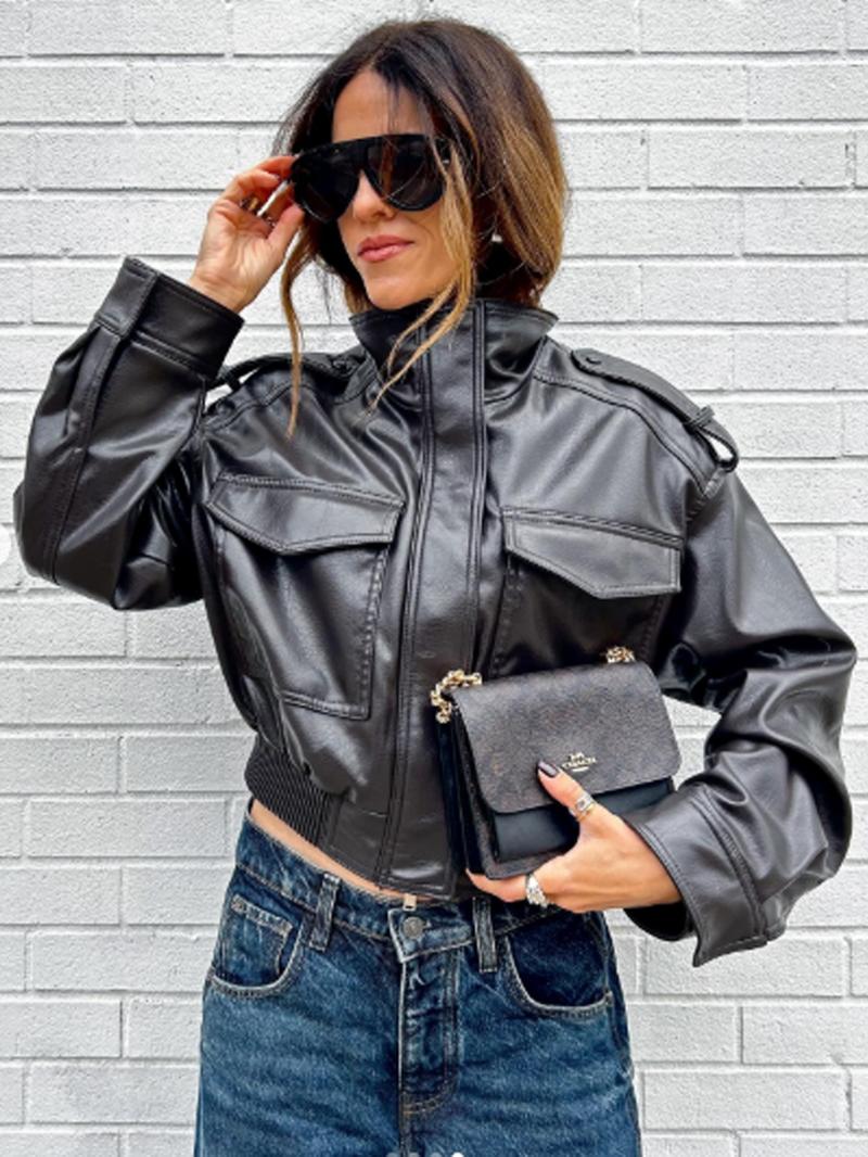Women's Cropped Bomber Jacket Demi-Season Faux Leather Jacket Long Sleeve Green Black Jacket Women's Moto Biker Zipper Jacket Street Short Coat Aviator Jackets