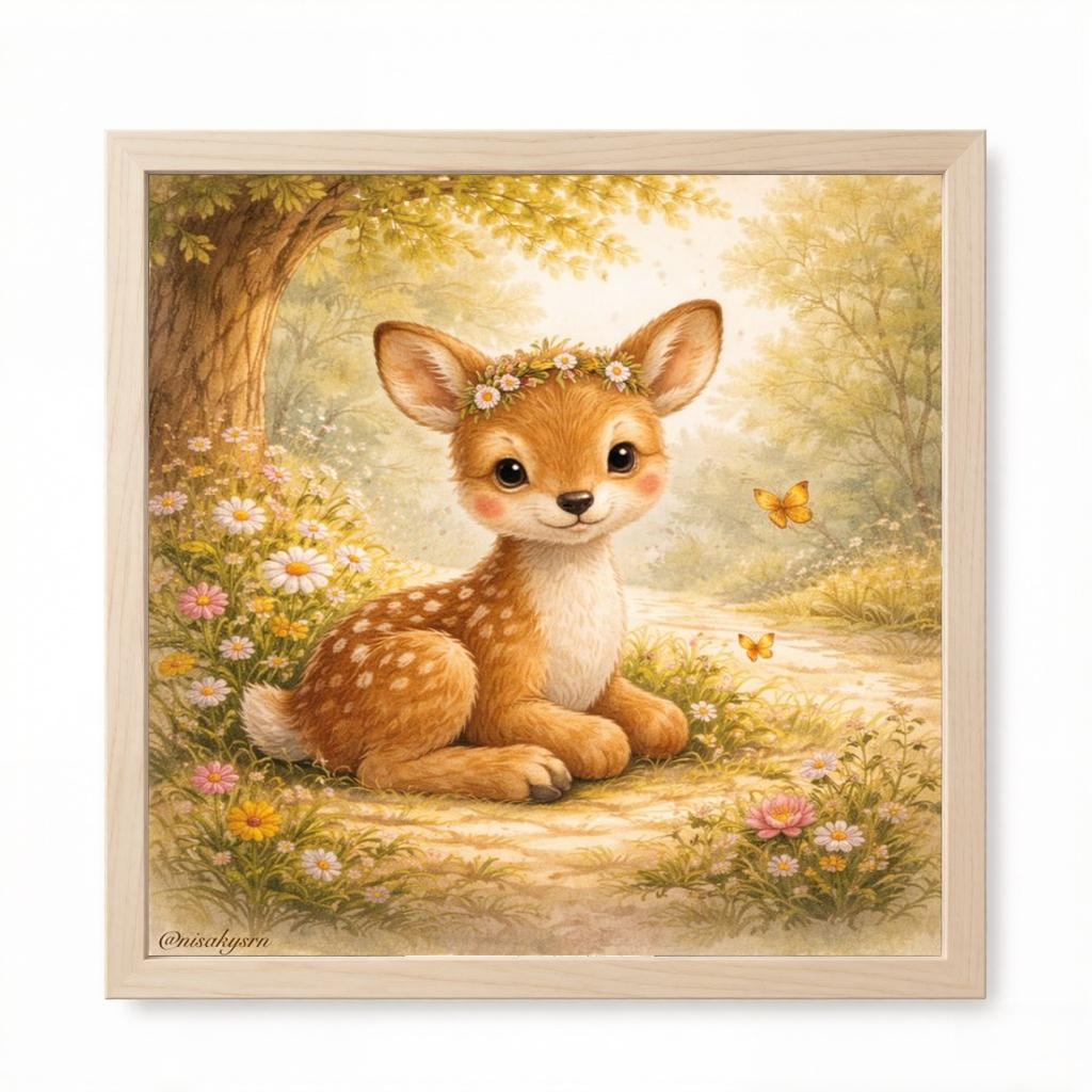 A 2D flat unframed hand-made DIY diamond painting kit with cute cartoon deer, forest flowers and butterflies pattern, warm and healing, high-definition full drill, suitable for home decoration, handcraft lovers and gift-giving.