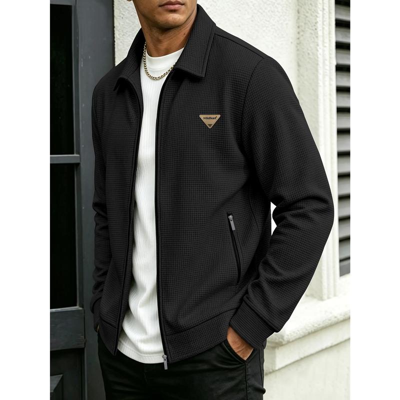 Men's Waffle Knit Zip-Up Collar Jacket - Menswear Tops, Premium Smart Casual Streetwear, Textured Fabric, Triangle Metal Patch Label, Cozy Daily Wear Sports Outerwear