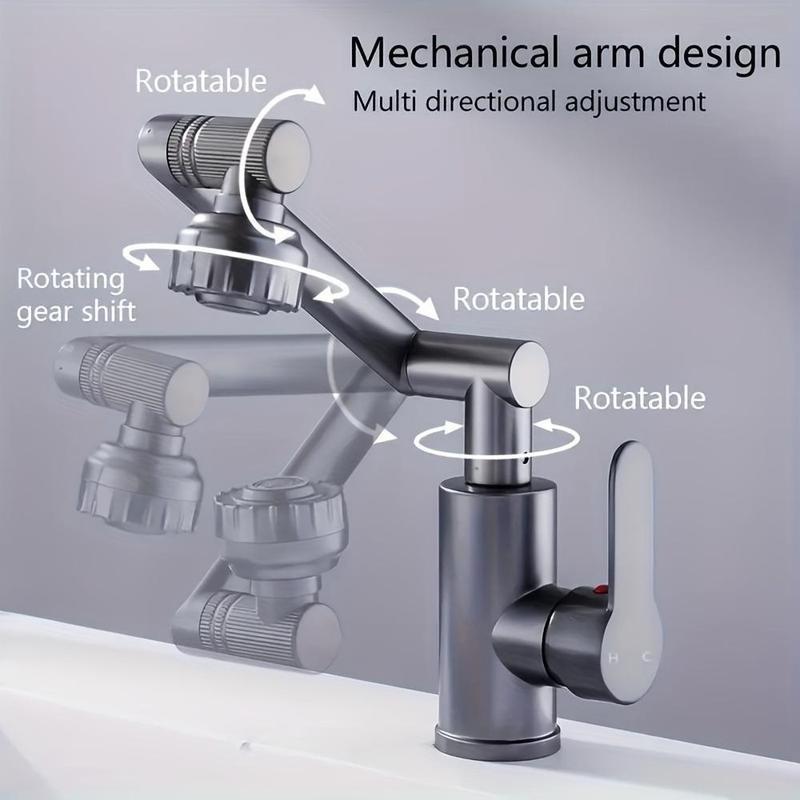 Rotating Bathroom Sink Faucet, Adjustable Height Single Handle Single Hole, 2 Spout Types and 2 Soft Hoses, Basin Rotating Faucet