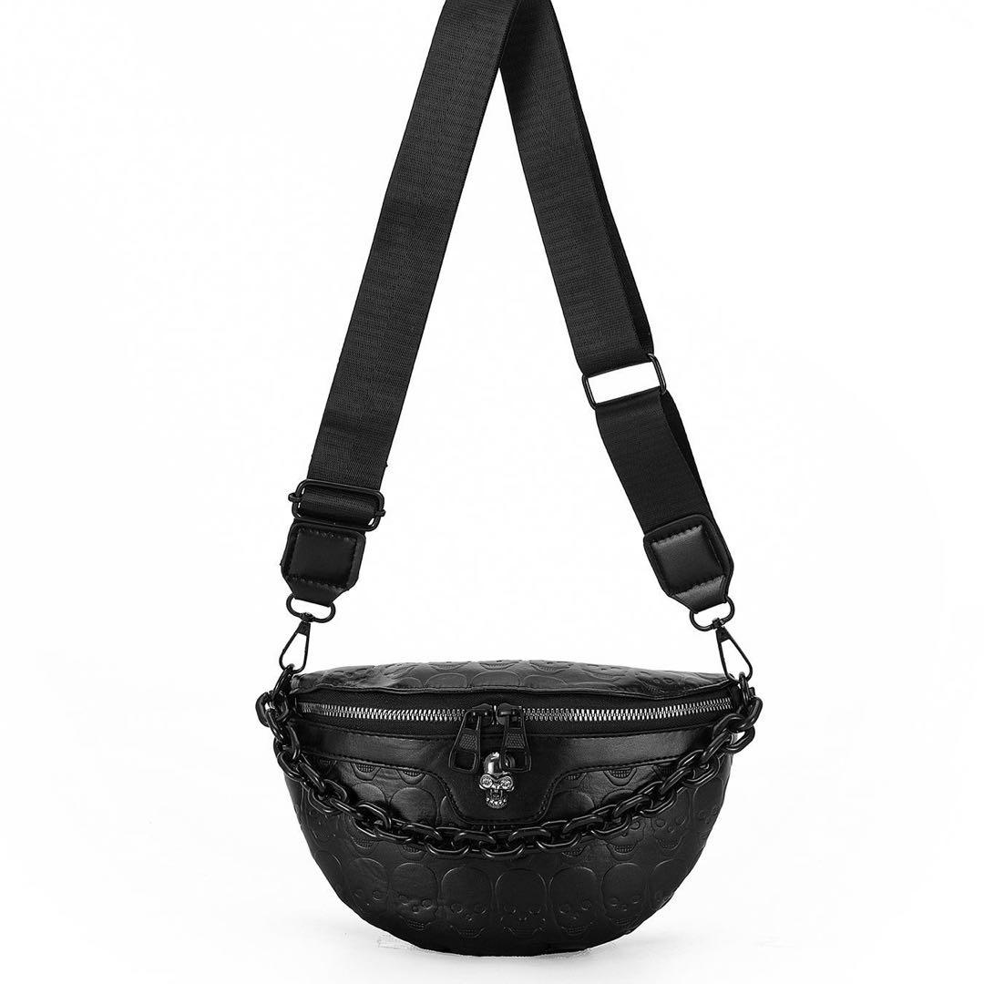 Dark Skull Pattern Chest Bag for Men, 2026 New Chain Crossbody Bag, Trendy Motorcycle Style Waist Bag, Multi-Functional Shoulder Bag