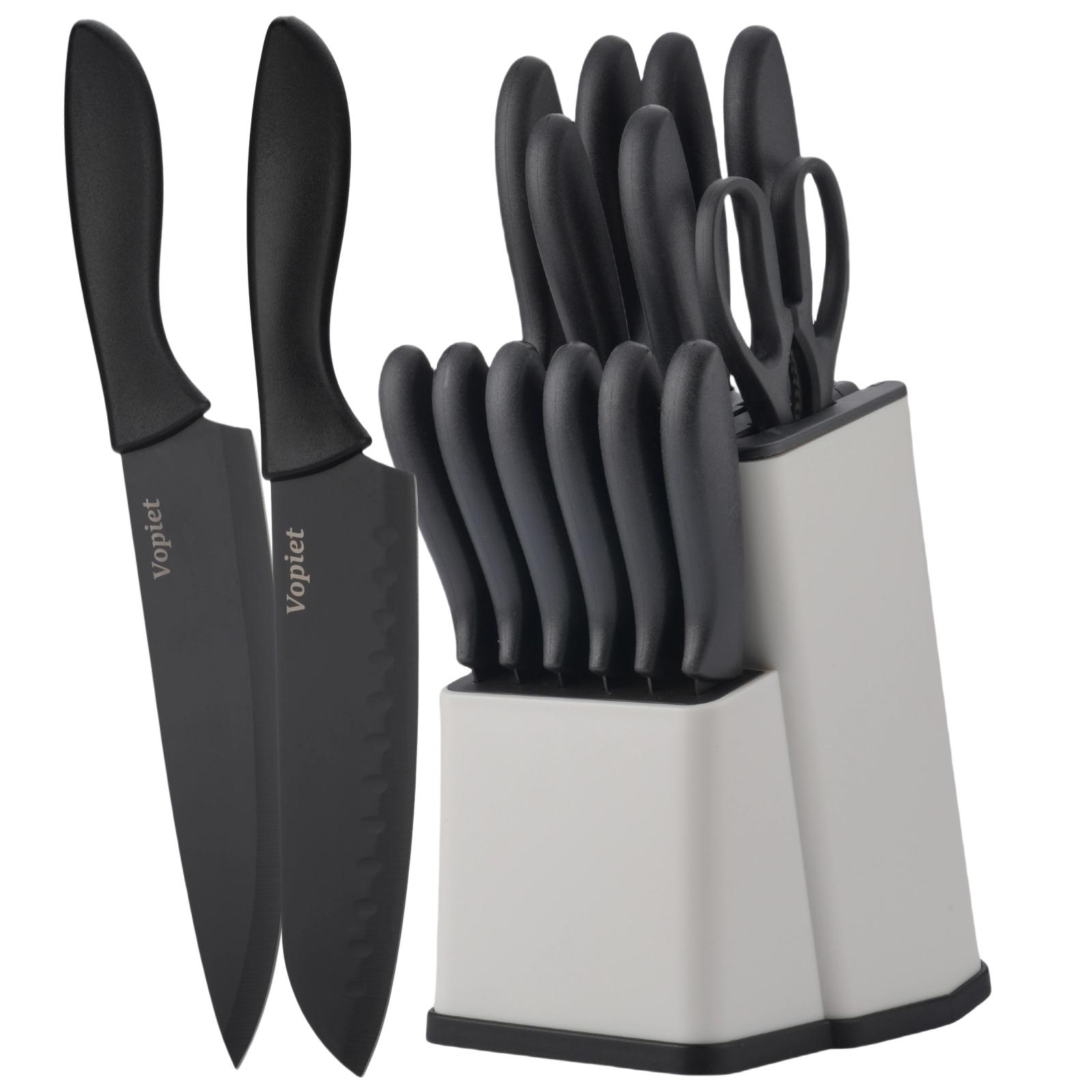 15 Pieces, Knife Set, Plastic Handle, Plastic Storage Holder,  Scissors, with Sharpener, Meat and Vegetable Cutter, Steak Cutter, Washable, Gift Set Utensils Modern Kitchen Container