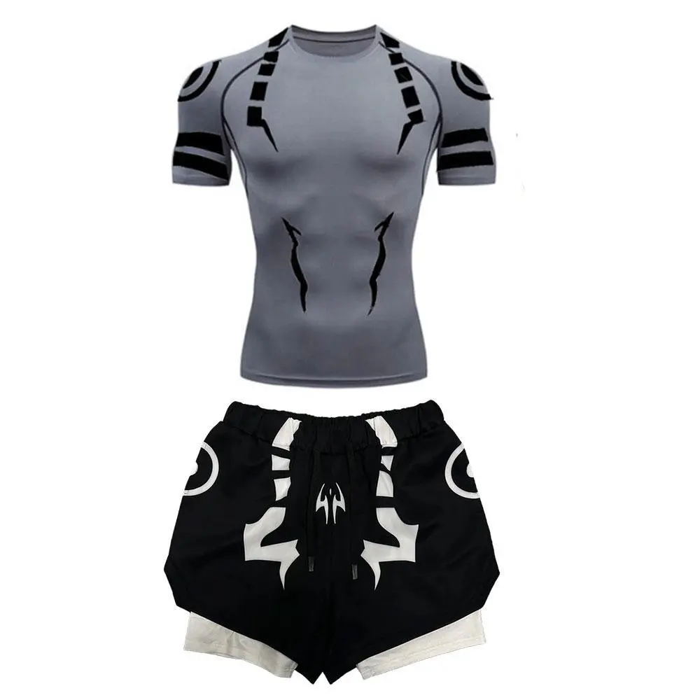 Anime Jujutsu Kaisen Compression Set Fitness Suit for Men Quick Dry 3D Compression Shirt+Gym Shorts Running Workout Sportswear