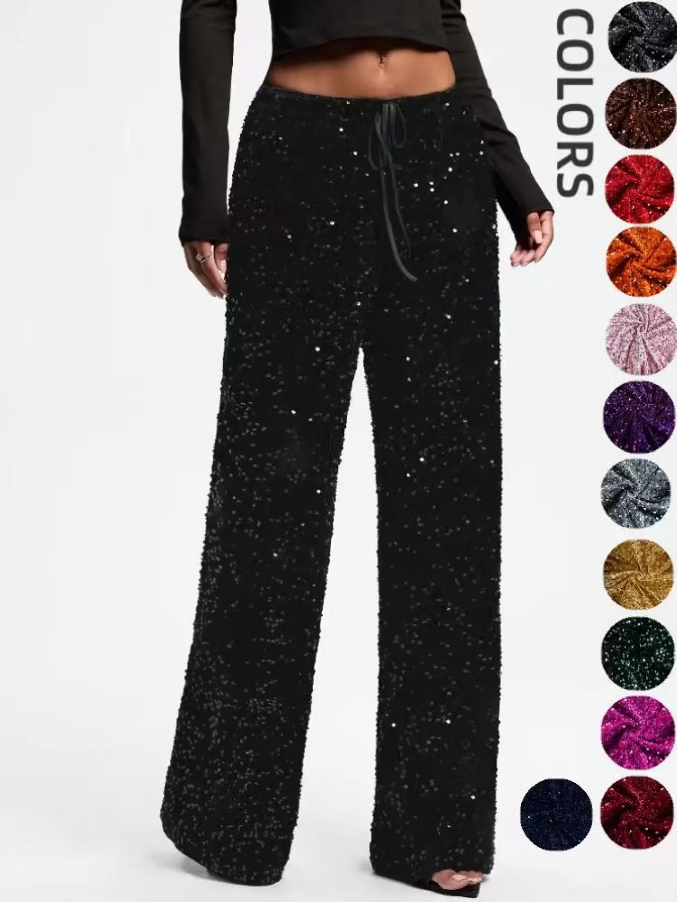 Women's Sequined Velvet Wide Leg Pants, Drawstring High Waist, Loose Fit Floor-Length, Party & Casual Wear, Perfect for Nightclubs & Events