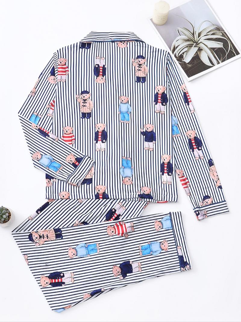 Women's Fall Winter Pajama Set, Cute Bear Print, Comfortable Lapel Top & Elastic Pants, Casual Homewear, Ladies Sleepwear Series