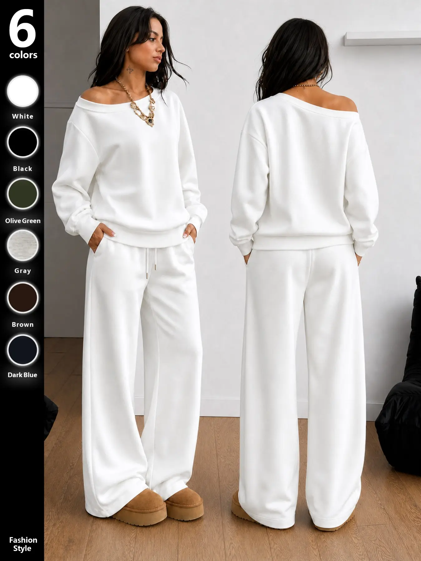 Women's Two-Piece Set, Fall Winter Casual Clothes, Asymmetrical Sweatshirt & Wide Leg Pants, Soft Knit Fabric, Multi-Color Options