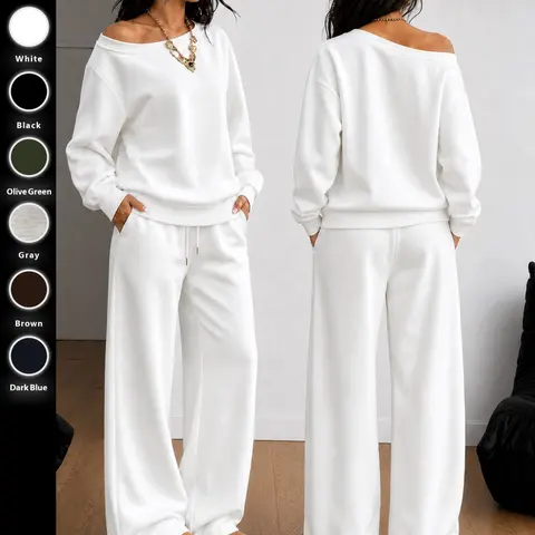 Women's Two-Piece Set, Fall Winter Casual, Basic Asymmetrical Sweatshirt & Wide Leg Pants, Soft Knit Fabric, Multi-Color Options