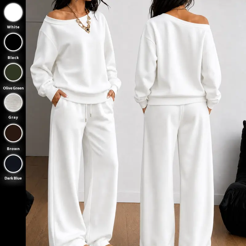 Women's Two-Piece Set, Fall Winter Casual, Basic Asymmetrical Sweatshirt & Wide Leg Pants, Soft Knit Fabric, Multi-Color Options